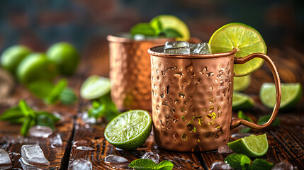 Chilled Moscow Mule in Copper Mugs, Refreshing Lime and Mint Aromas