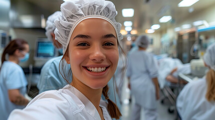 Radiant Young Nurse Taking Selfie, Dynamic Hospital Operating Room