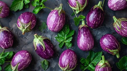 Soft light top view of realistic eggplant still life with neutral tones and natural ambiance - obrazy, fototapety, plakaty