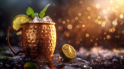 Glowing Moscow Mule in a Copper Mug, Icy Beverage with Lime and Mint