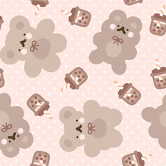 Cute hand drawn brown teddy bears with bubble coffee on a pastel pink polka dot texture, soft girly seamless pattern background