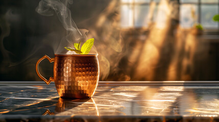 Warm Sunset Glow on Copper Mug, Aromatic Steam Rising