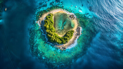 
An awe-inspiring image capturing the panoramic view of an island paradise from above. Turquoise waters surround the island, their clarity revealing coral reefs and underwater formations that shimmer  - obrazy, fototapety, plakaty