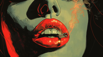 Bold Pop Art Lips with Cigarette, Provocative Vintage Glamour - obrazy, fototapety, plakaty