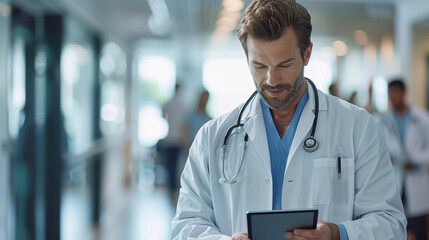 Male doctor using a digital tablet, concept of integrating modern technology in healthcare