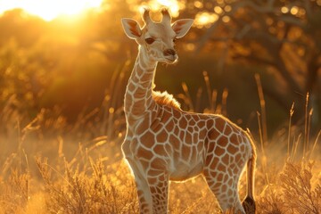 An adorable baby giraffe captured in the warm golden light of sunset on the African savanna.