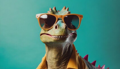 old school cool with dinosaur wearing sunglasses in studio on vibrant background