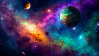 a painting depicting a vibrant and colorful galaxy filled with planets and shimmering stars in space