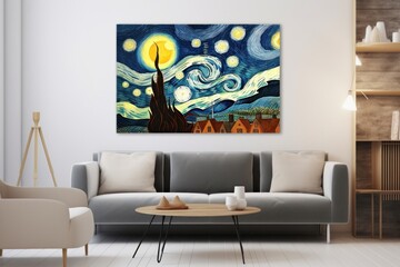 A starry night with the sky and full moon over the town painting art architecture.