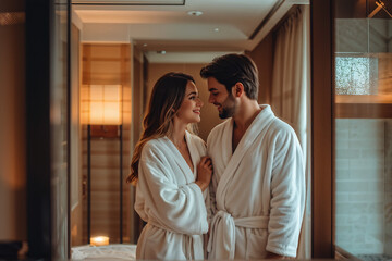 couple's spa weekend getaway, young woman and man wearing white hotel robes at a resort