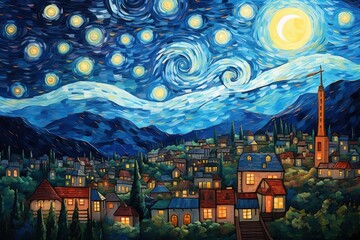 A starry night with the sky and full moon over the town painting art architecture.