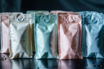 a collection of pastel-colored, branded coffee or tea packaging bags organized neatly on a dark backdrop.