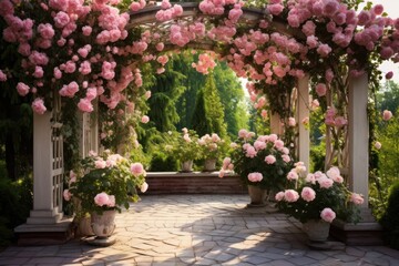 Fototapeta na wymiar Rose garden pergola architecture outdoors.
