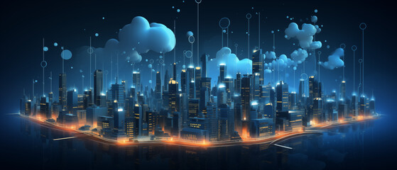 Futuristic City with Digital Clouds and Light Connections