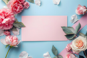 Stylish elegant flat lay pastel colors floristic greeting invitation post card, copy space mockup. - obrazy, fototapety, plakaty