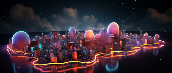 Futuristic Cityscape with Spherical Energy Cores