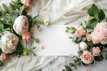 Stylish elegant flat lay feminine floristic greeting invitation post card, copy space mockup.