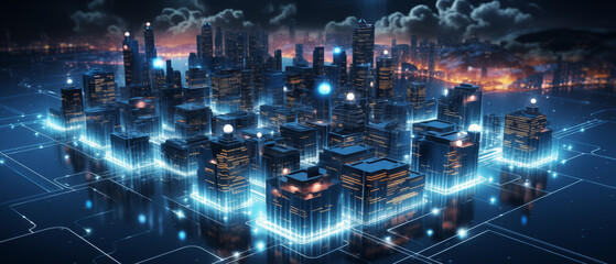 Futuristic Cityscape with Glowing Blue Networks