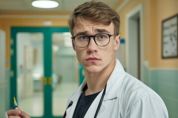 Young caring doctor hospital hall medicine care and assistance reputable clinic health care specialist confident expert professional surgeon therapist physician medic appointment consultation