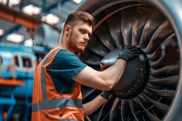 Skilled young airplane mechanic plane check engine avionics hangar industry technology experienced engineer safety scheduled maintenance transportation jet airport repair inspection replacement part - obrazy, fototapety, plakaty
