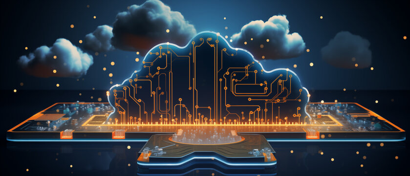 Stylized Cloud Computing Concept with 3D Circuit Board and Clouds