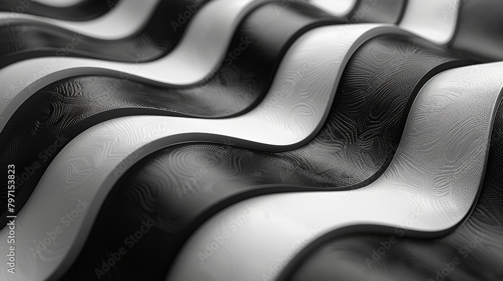 Aufkleber 3d rendering of a seamless black and white wavy pattern with a textured surface