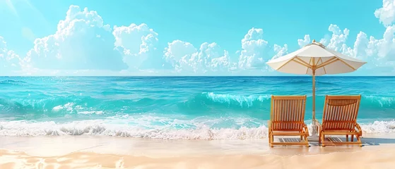 Keuken spatwand met foto Beautiful beach. Chairs on the sandy beach near the sea. Summer holiday and vacation concept for tourism. Inspirational tropical landscape. Tranquil scenery, relaxing beach, tropical landscape design © AriyaniAI
