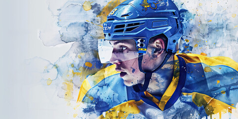 The Swedish Flag with an Designer and a Hockey Player - Picture the Swedish flag with an designer representing Sweden's design culture and a hockey player symbolizing the country's love for hockey