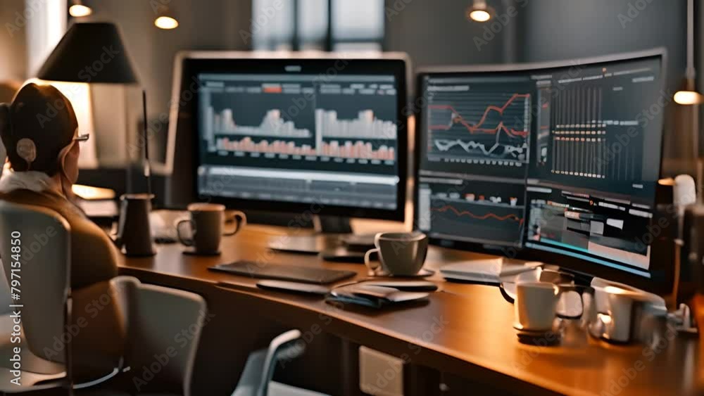 Poster two computer monitors stock chart analysis generative ai