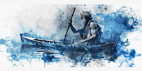 The Greek Flag with an Ancient Greek Philosopher and a Fisherman - Visualize the Greek flag with an ancient Greek philosopher representing Greece's philosophical heritage and a fisherman symbolizing t - obrazy, fototapety, plakaty