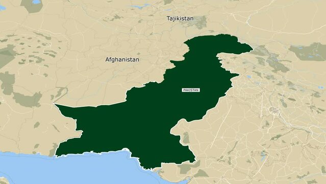 Animated Pakistan map highlighted dark Green color zooming from top Space view. Asia Continent Country Pakistan border with india, Afghanistan and chaina Detailed political country 3d map animation.