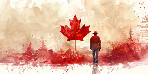 The Canadian Flag with a Mountie and a Maple Syrup Farmer - Picture the Canadian flag with a Mountie representing Canada's law enforcement and a maple syrup farmer symbolizing the country's maple 