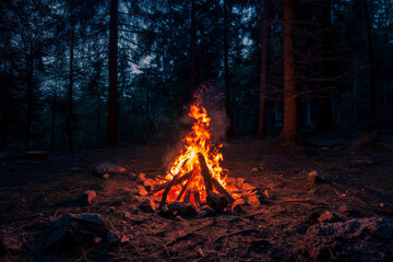 An isolated bonfire in the middle of a forest at night