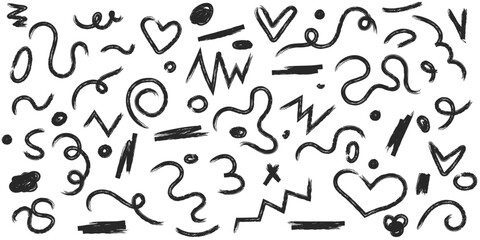 Hand drawn graffiti style squiggles. Doodle marker shapes, cross, hearts, curved lines, underlines and dots. Scribbles and daubs with dry brush texture, grunge vector elements