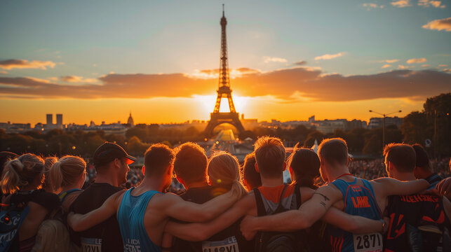 Athletes embracing in front of the Eiffel Tower at the inclusive Olympics paris 2024, showcasing cultural diversity