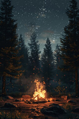 An isolated bonfire in the middle of a forest at night