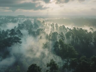 An aerial view of a foggy forest from above the trees.