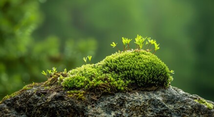 Fototapeta premium Lush green moss growing on a rock with a soft-focus background