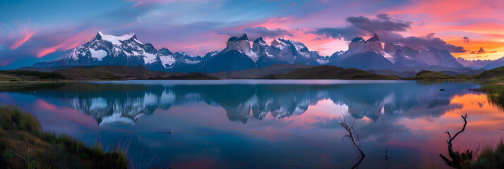 Fototapeta na wymiar Twilight Serenity: Majestic Mountain Landscape & Reflective Lake Under the Pastel Evening Sky