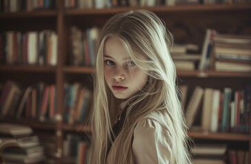 Young girl with long hair in library