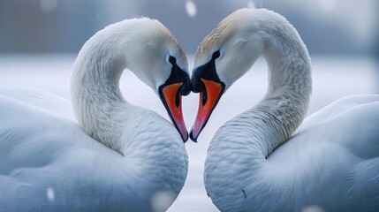 Convey the magic of avian love in a prompt featuring a swan couple, their beaks meeting in a kiss that forms a heart shape