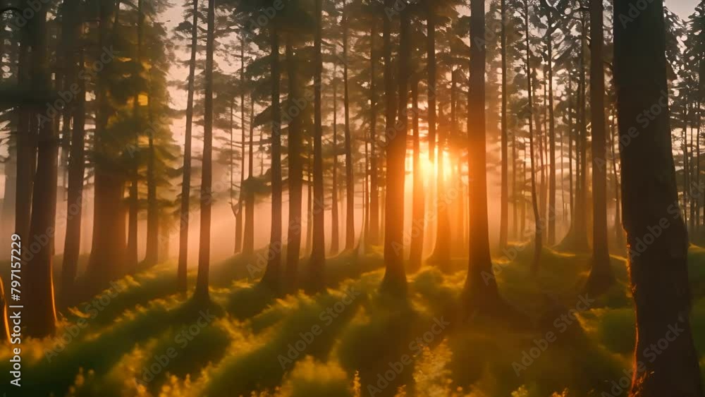 Poster sun shining through trees in forest generative ai