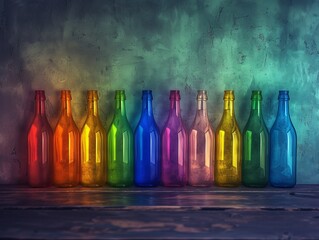 Colorful glass bottles lined up against a textured background