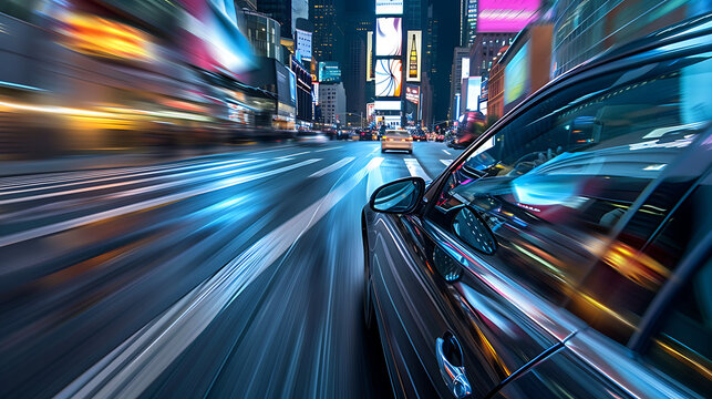 A dynamic image capturing a sleek car speeding through the bustling streets of the city, leaving a trail of motion blur in its wake