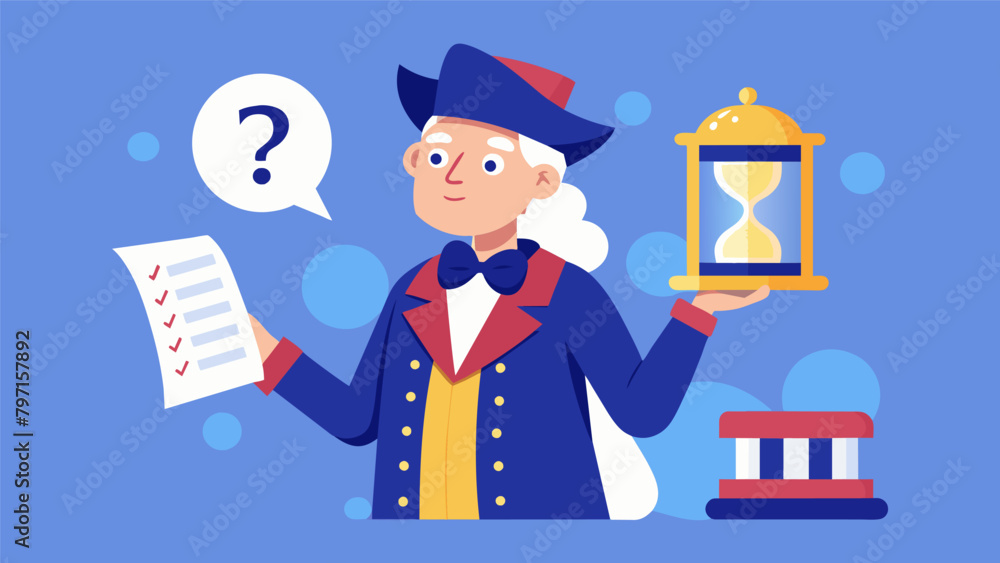 Poster the quizmaster dressed in colonial attire holds up a scroll with the first question while a timer co