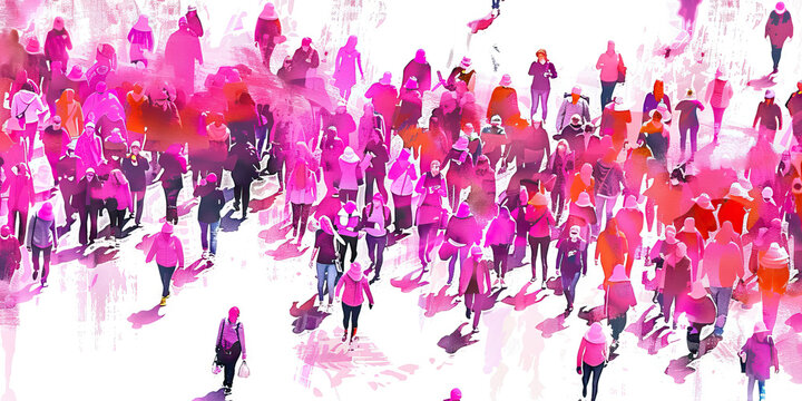 Women's March Worldwide - Visualize women and allies marching with pink hats, symbolizing the movement for women's rights and gender equality