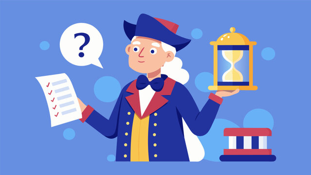 The quizmaster dressed in colonial attire holds up a scroll with the first question while a timer counts down the seconds.. Vector illustration