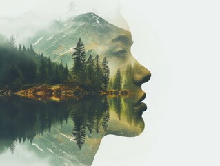 Double Exposure Portrait of Person with Mountain Landscape