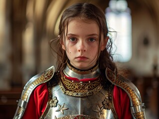 Young girl in medieval knight armor looking determined