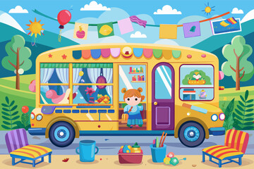 The interior school bus packed with children artwork and creative decorations
